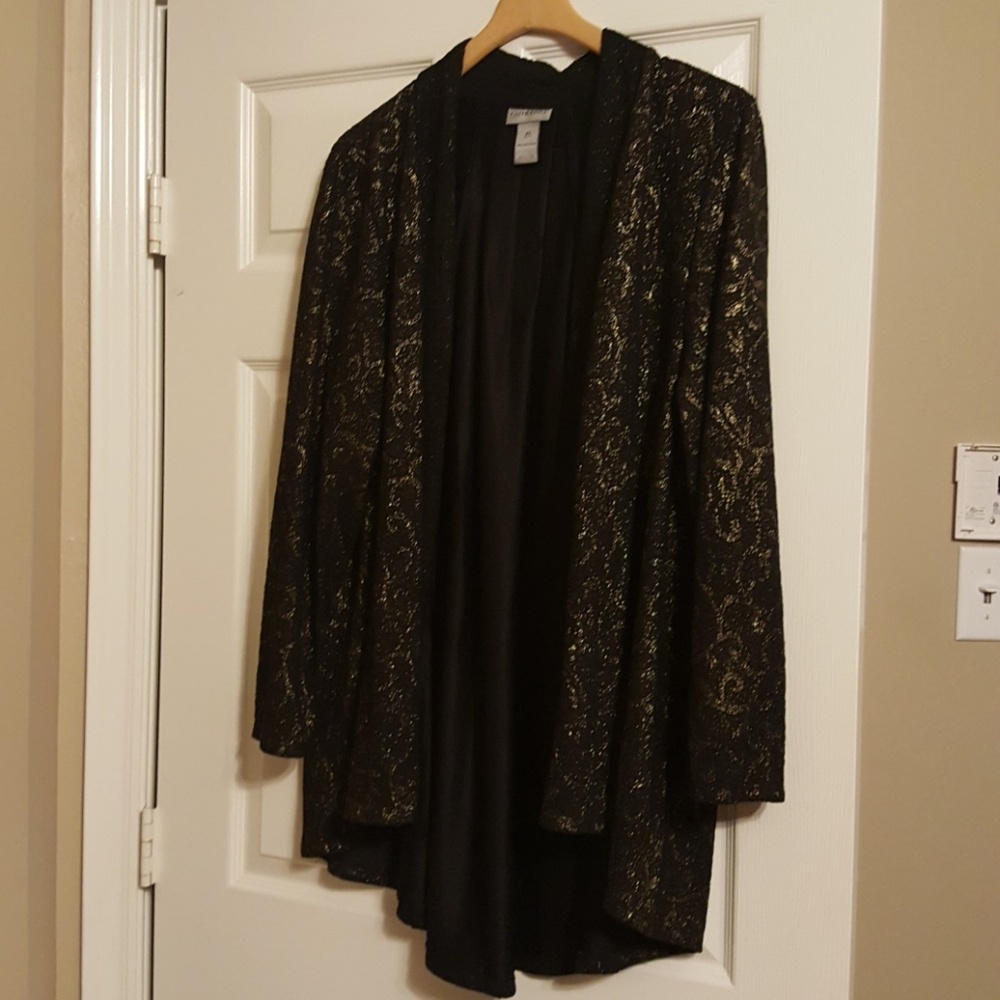 Fun gold-threaded black cardigan. 2x